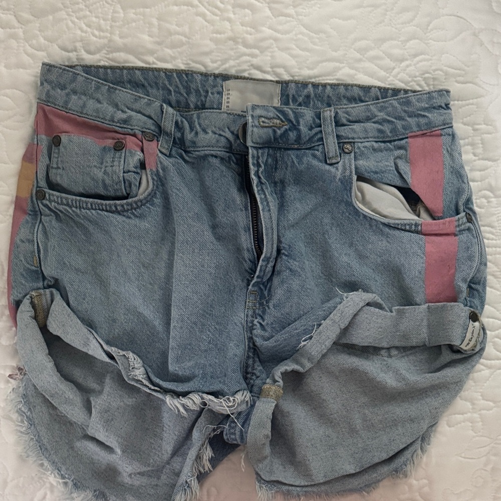 One Teaspoon Blue Jean Shorts with Pink Details